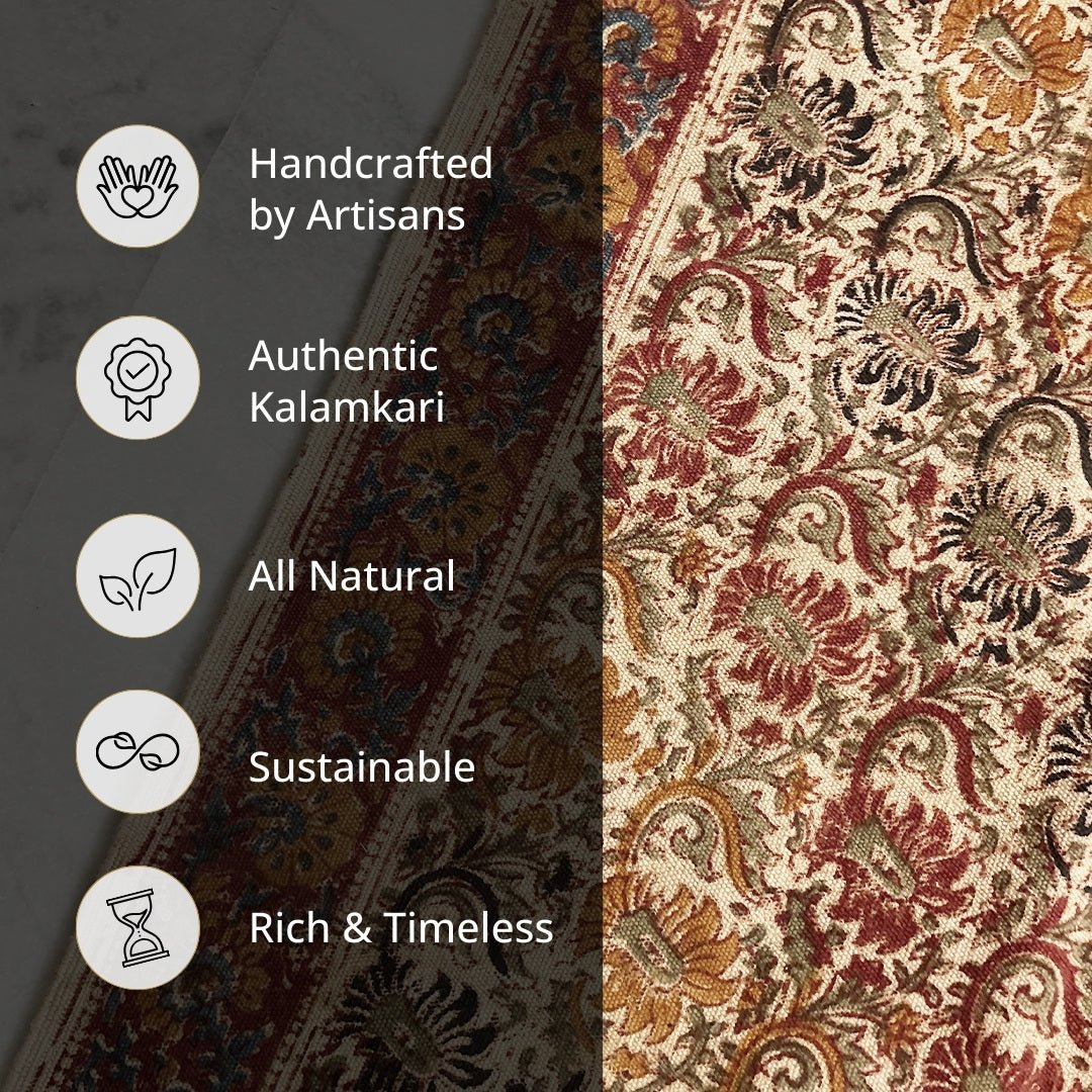 Handprinted Cotton Floor Rug for Living Room and Bedroom in Earthy Kalamkari| Soft Washable Rug
