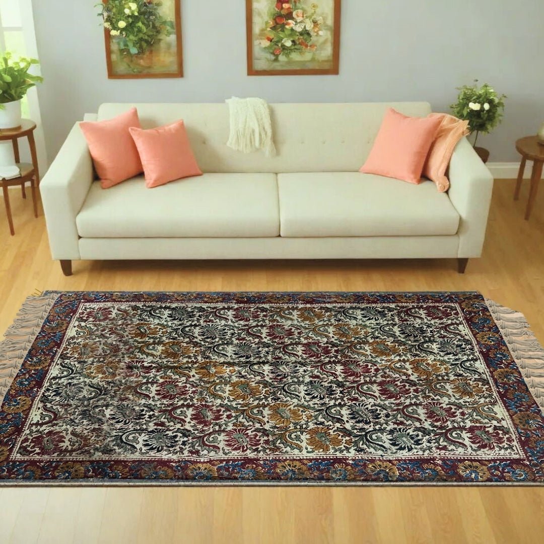 Handprinted Cotton Floor Rug for Living Room and Bedroom in Earthy Kalamkari| Soft Washable Rug