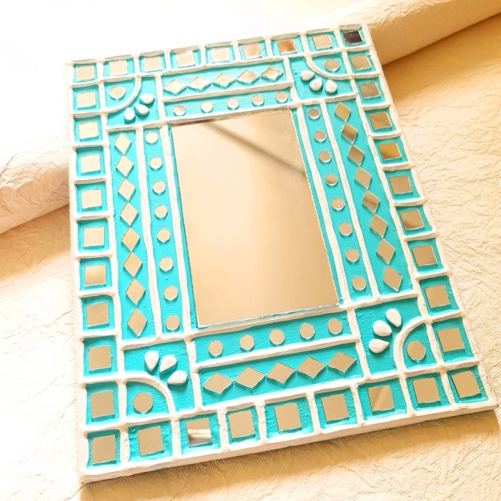 Turquoise Wall Mirror in Lippan Art | Handmade Mud & Mirror Decor from India