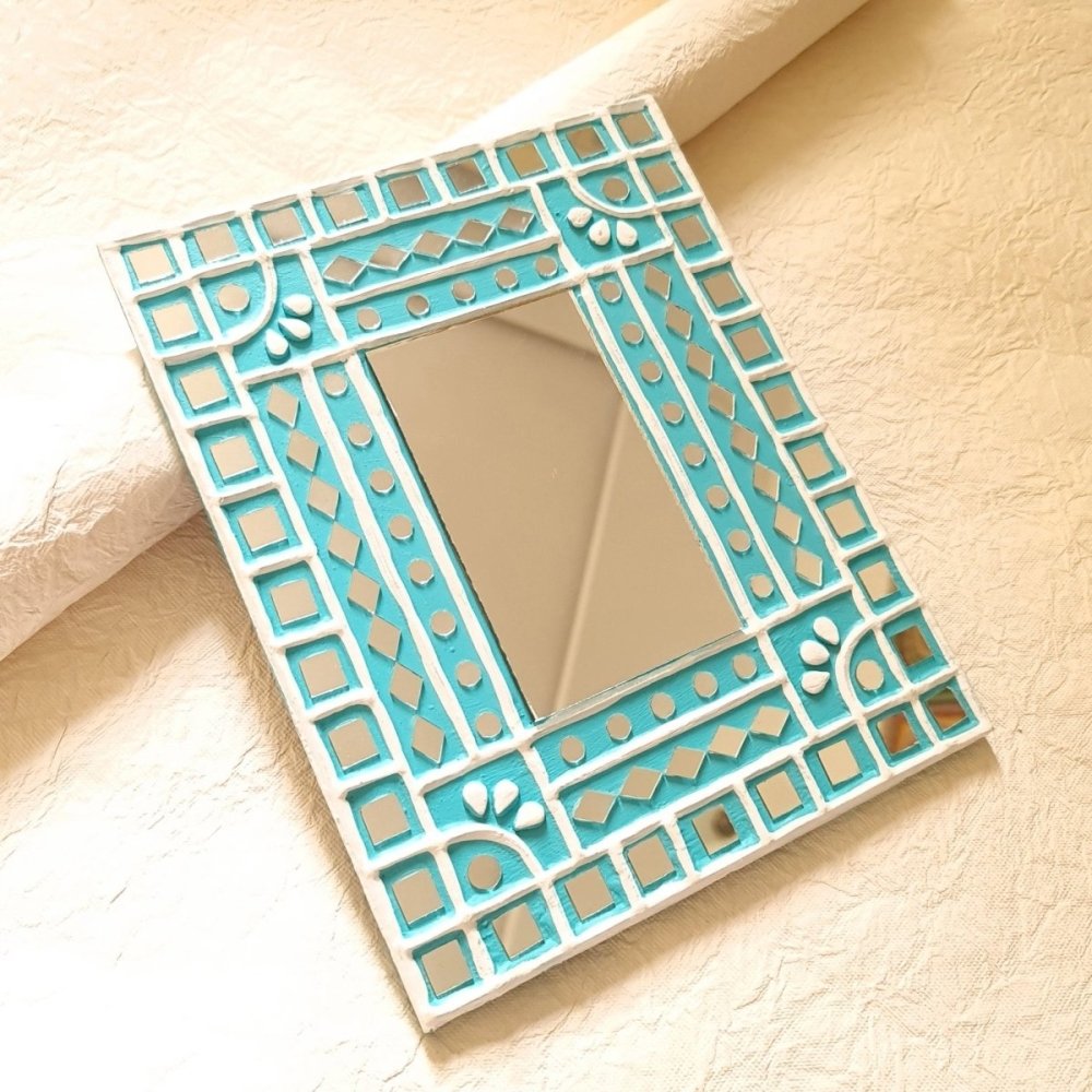 Turquoise Wall Mirror in Lippan Art | Handmade Mud & Mirror Decor from India