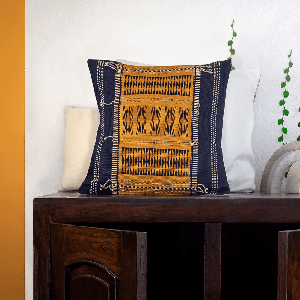Black & Mustard Tasseled Handwoven Cushion Cover