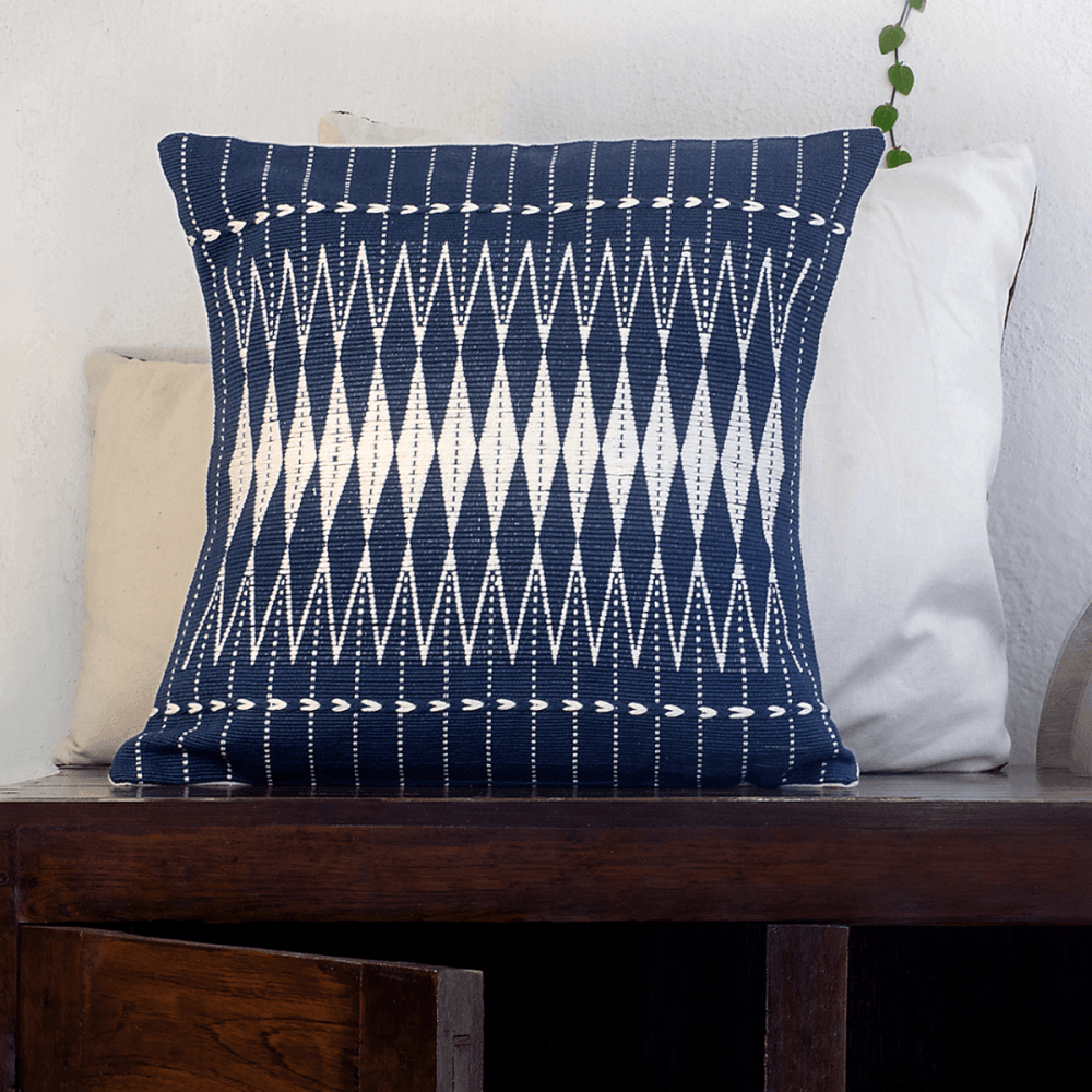 Cotton Cushion Cover Handmade in Blue and White Threads