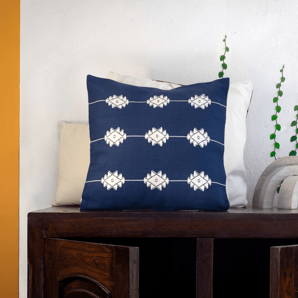 White on Blue Floral Handwoven Cushion Cover