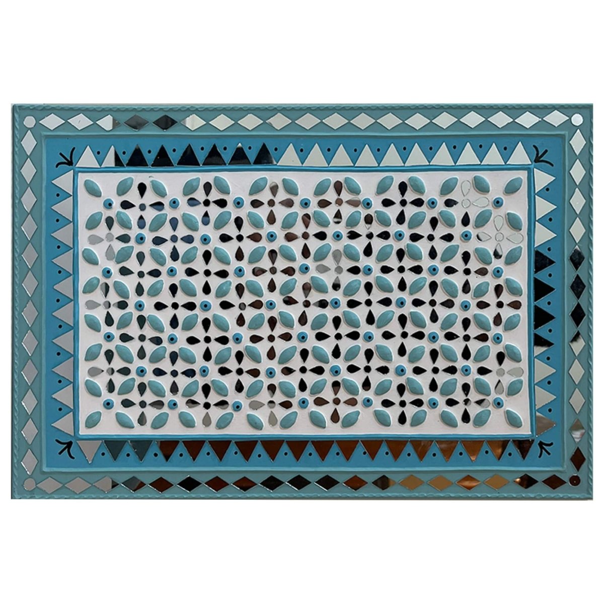 Handmade ocean blue Lippan wall hanging with mud and mirror work from Kutch.