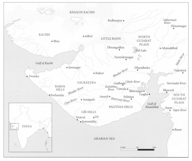 Map of Gujarat with important towns and cities of the Maitraka period