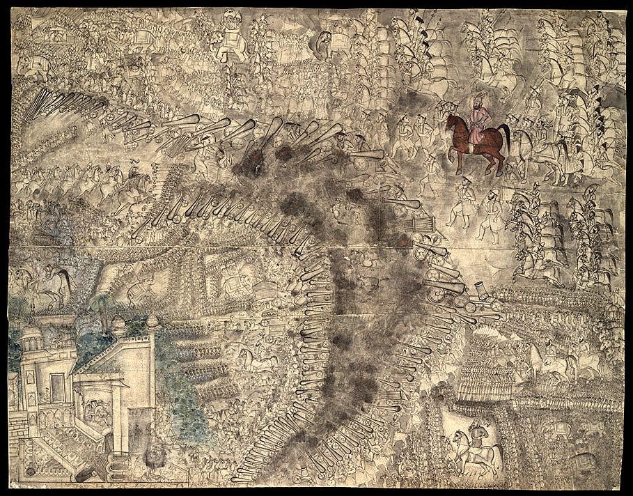 The Third battle of Panipat, Hafiz Rahmat Khan left to Ahmad Shah Abdali, shown on a brown horse