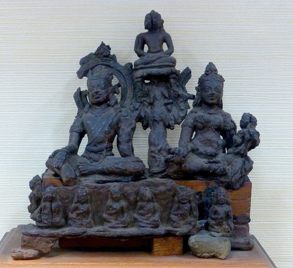 Sculpture of Buddha, Avalokiteshvara and Tara recovered from Nalanda