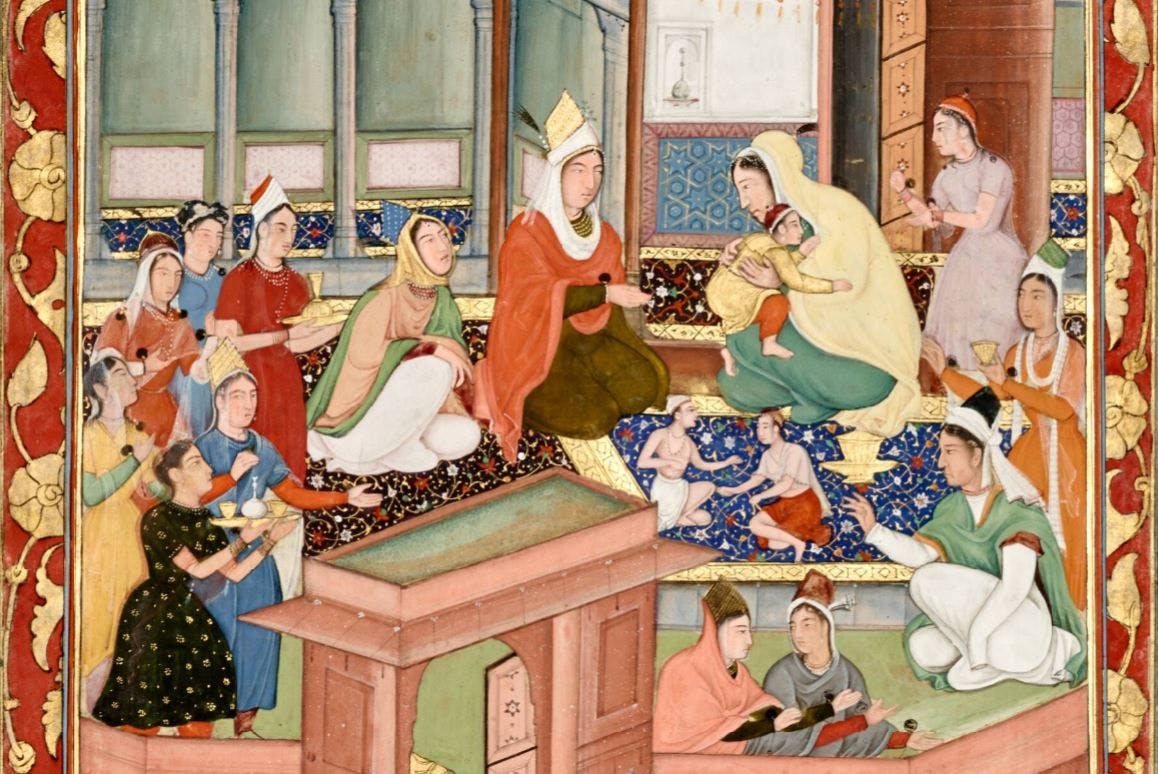 Three sons of Mughal emperor Akbar (Salim, Murad and Daniyal) with the ladies of the imperial harem on the occasion of their joint circumcision ceremony, 22 October 1573