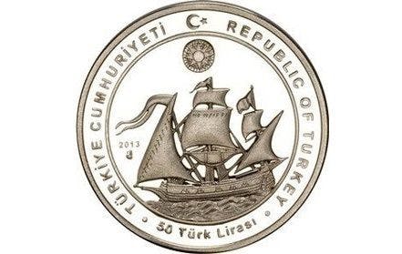 Flagship of Seydi Ali Reis on a 50 Lira coin