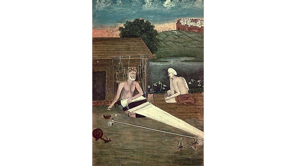 An 1825 CE painting that depicts Kabir weaving