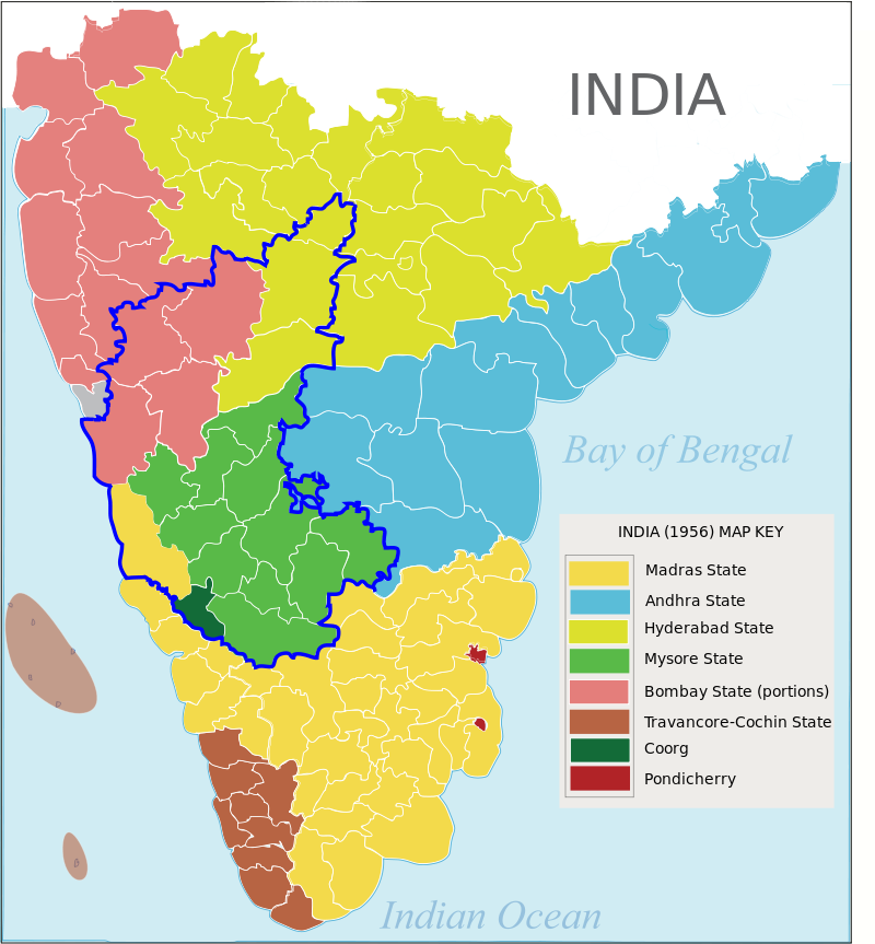 The map of Karnataka after the state reorganisation in 1956 