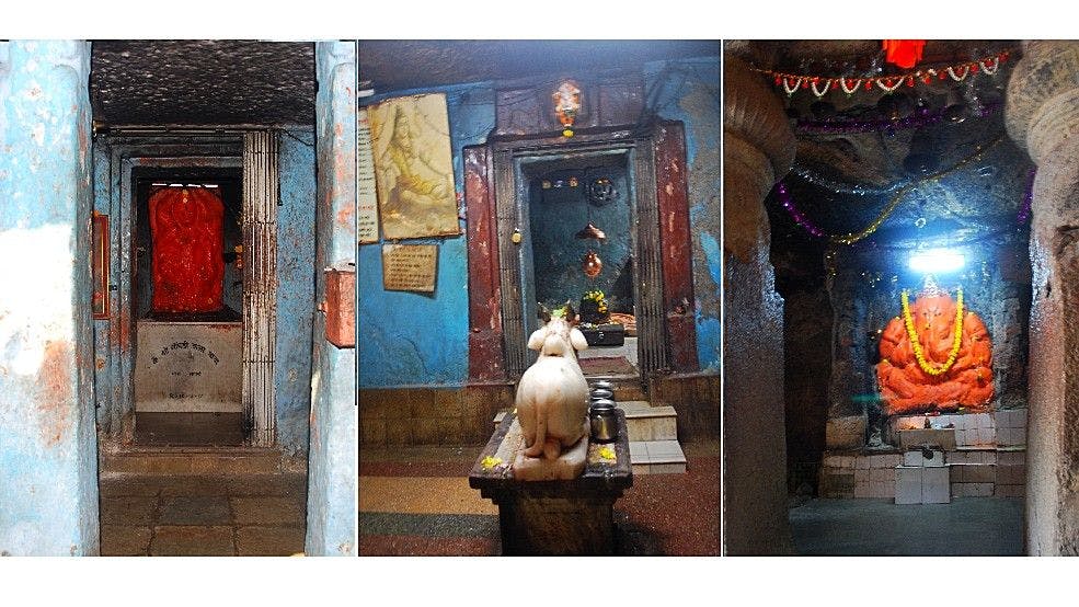 Caves with shrines of Hanuman, Shiva and Ganapati (L-R)