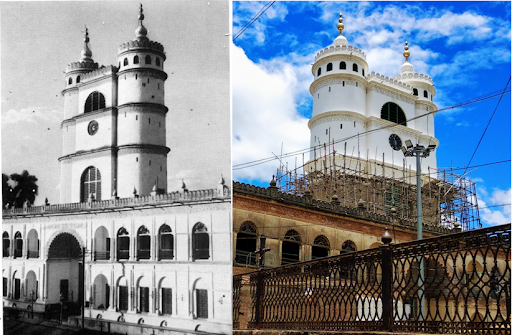 The twin towers and giant clock of the Hooghly Imambara