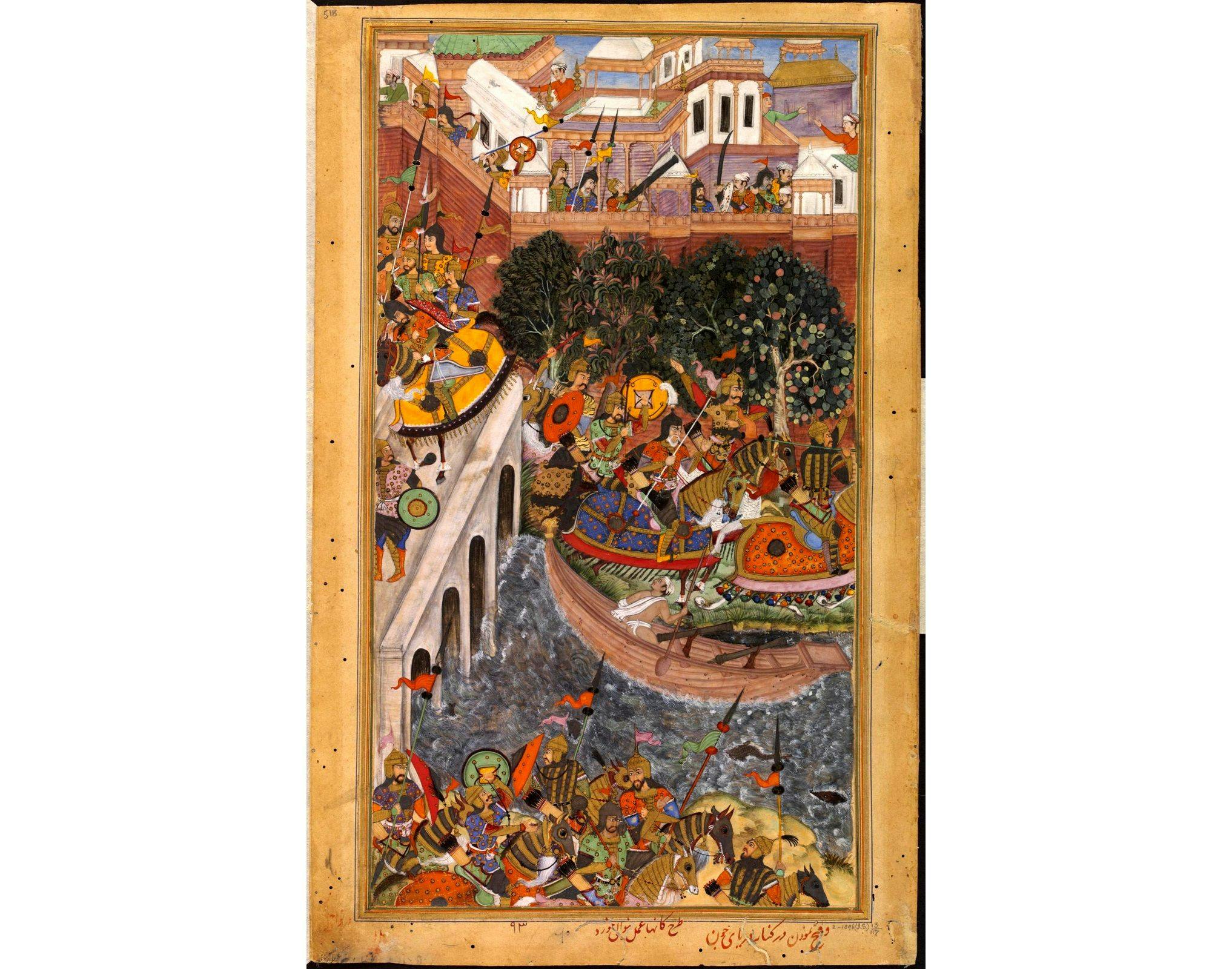The Victory of Emperor Akbar over Ali Quli and Bahadur Khan at the Gomti River, Jaunpur, 1561 CE, painted by court artist Kanha in 1590-95 CE, from Akbarnama