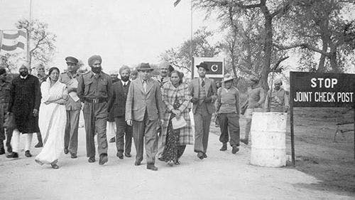 The then Governor of Punjab, Sir Chandulal Madhavlal Trivedi, accompanied by Brigadier Mohinder Singh Chopra, during a visit to the Joint Check Post at Wagah-Attari on the GT Road between Amritsar and Lahore