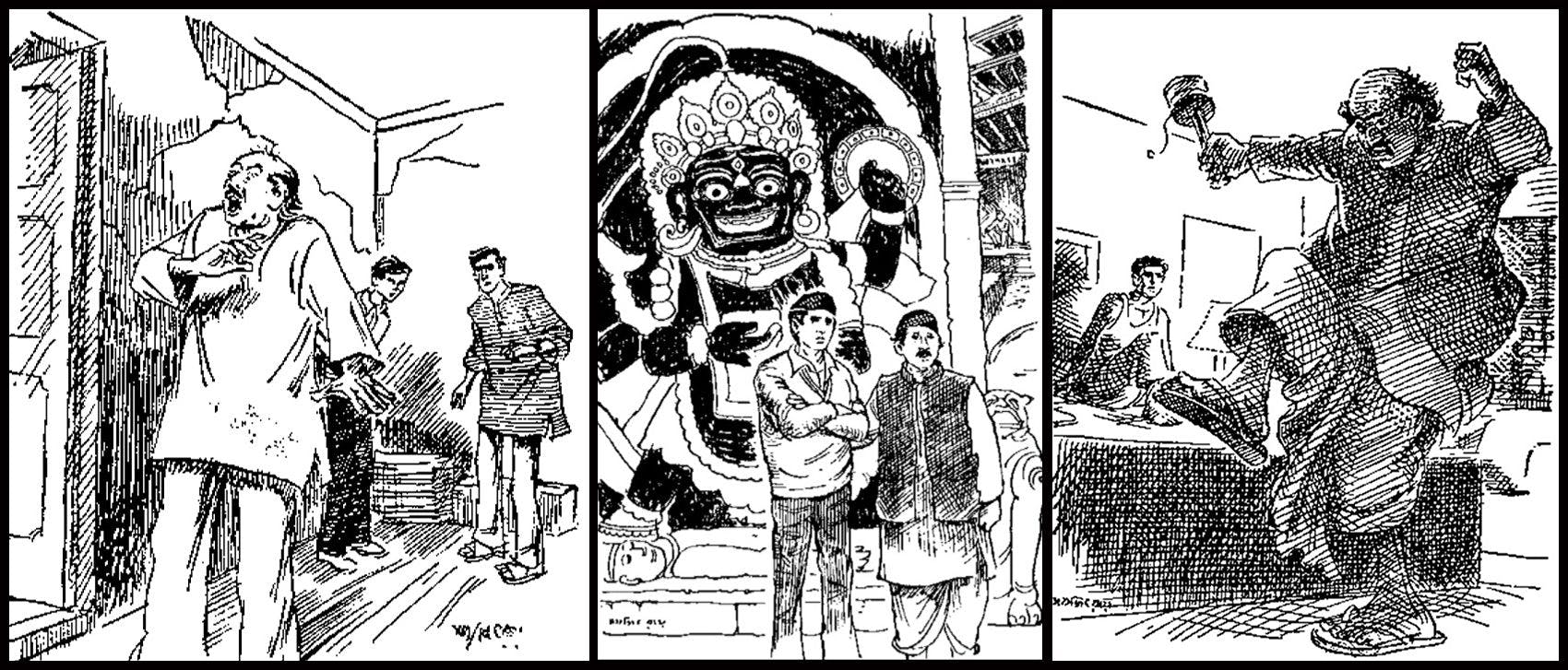 Author Lalmohan Ganguly provides much of the comic relief in the stories (Artwork by Ray)