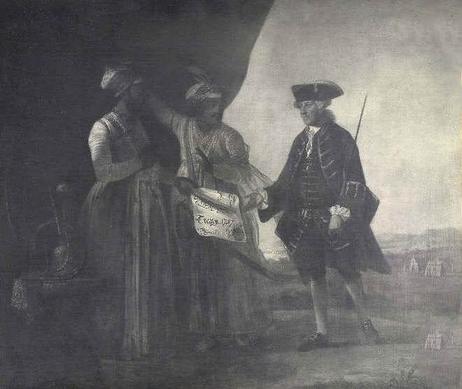 Jafar and his son Miran delivering the Treaty of 1757 to William Watts 