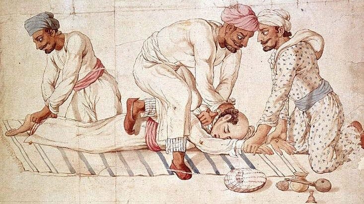 Painting of thugs strangling a traveller, unknown, Lucknow, 1837