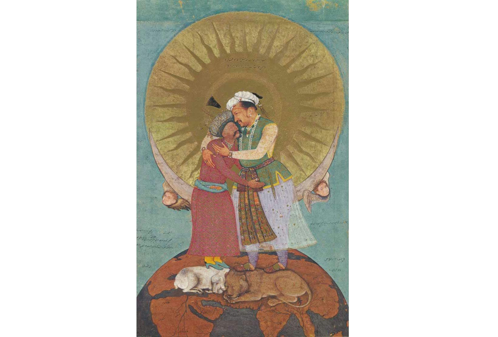 A miniature depicting Jahangir and the Safavid Shah Abbas I, with the lion and the goat as metaphors for Mughal-Safavid relations