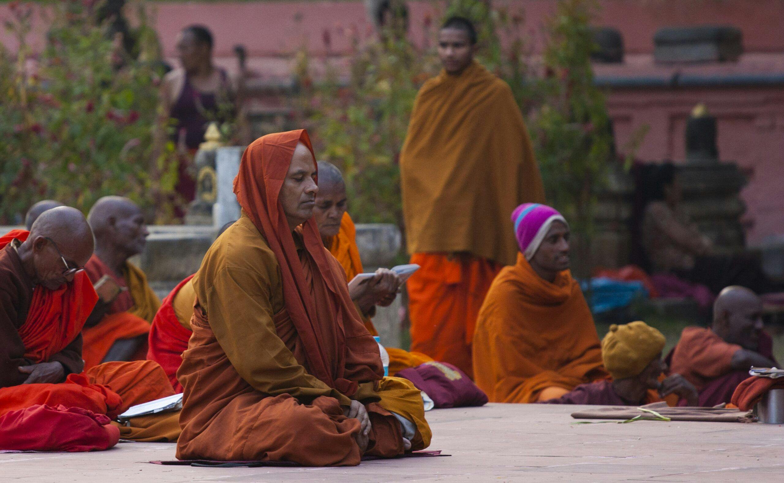 Devotees praying at Bodh Gaya