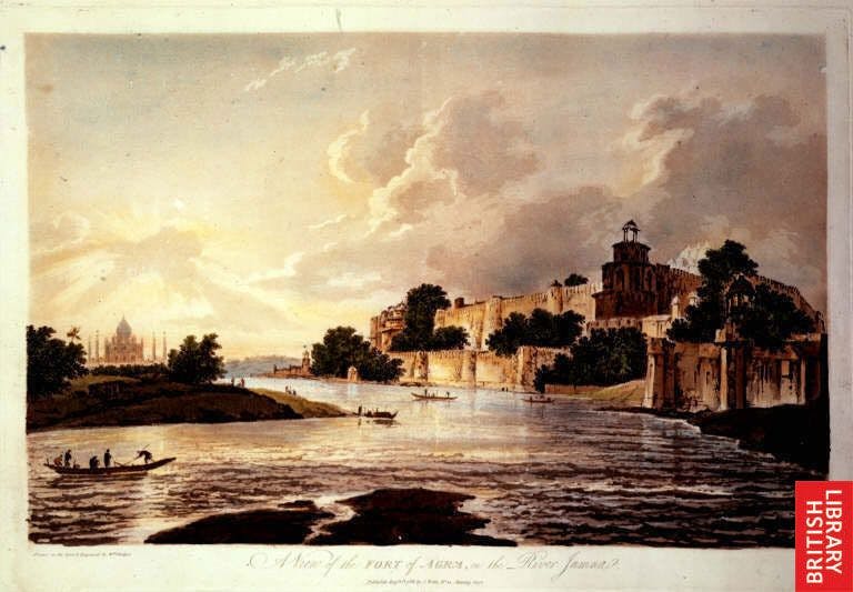 The Agra Fort and the Taj Mahal by river Yamuna, by William Hodges, 1785-88