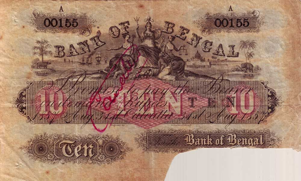 10 Rupee note of ‘Britannia’ series, Bank of Bengal, 1857