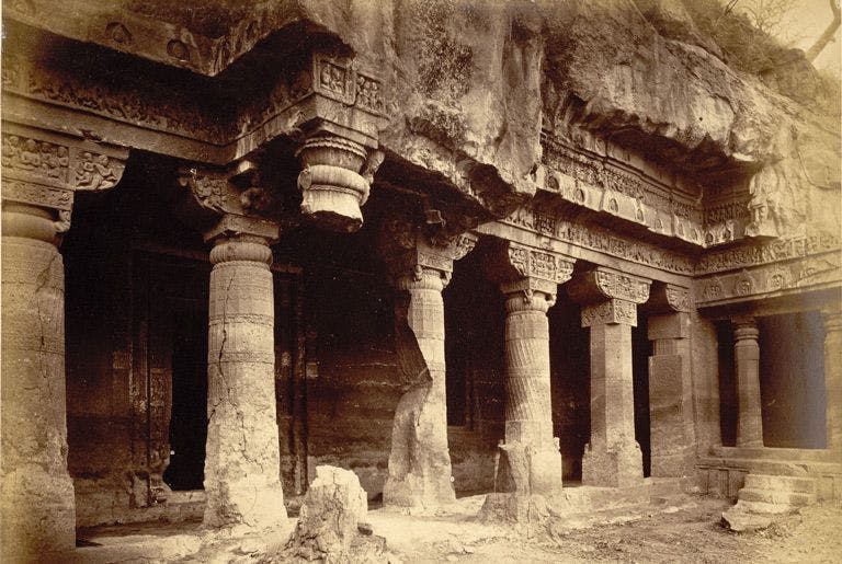 General view from the left of porch and entrance to Buddhist Vihara, Cave I, Ajanta by Robert Gill (1868-70)