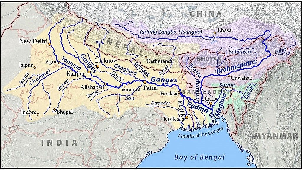 Map showing Ganga and Brahmaputra rivers and important towns 
