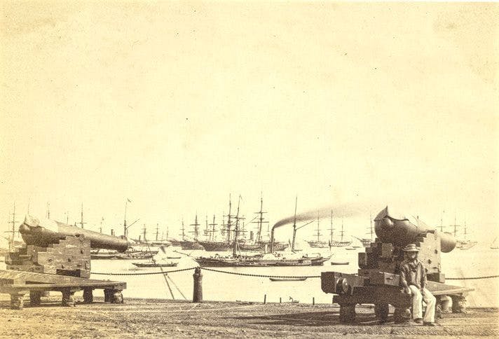 Bombay Harbour with guns from Apollo Bunder (1855)