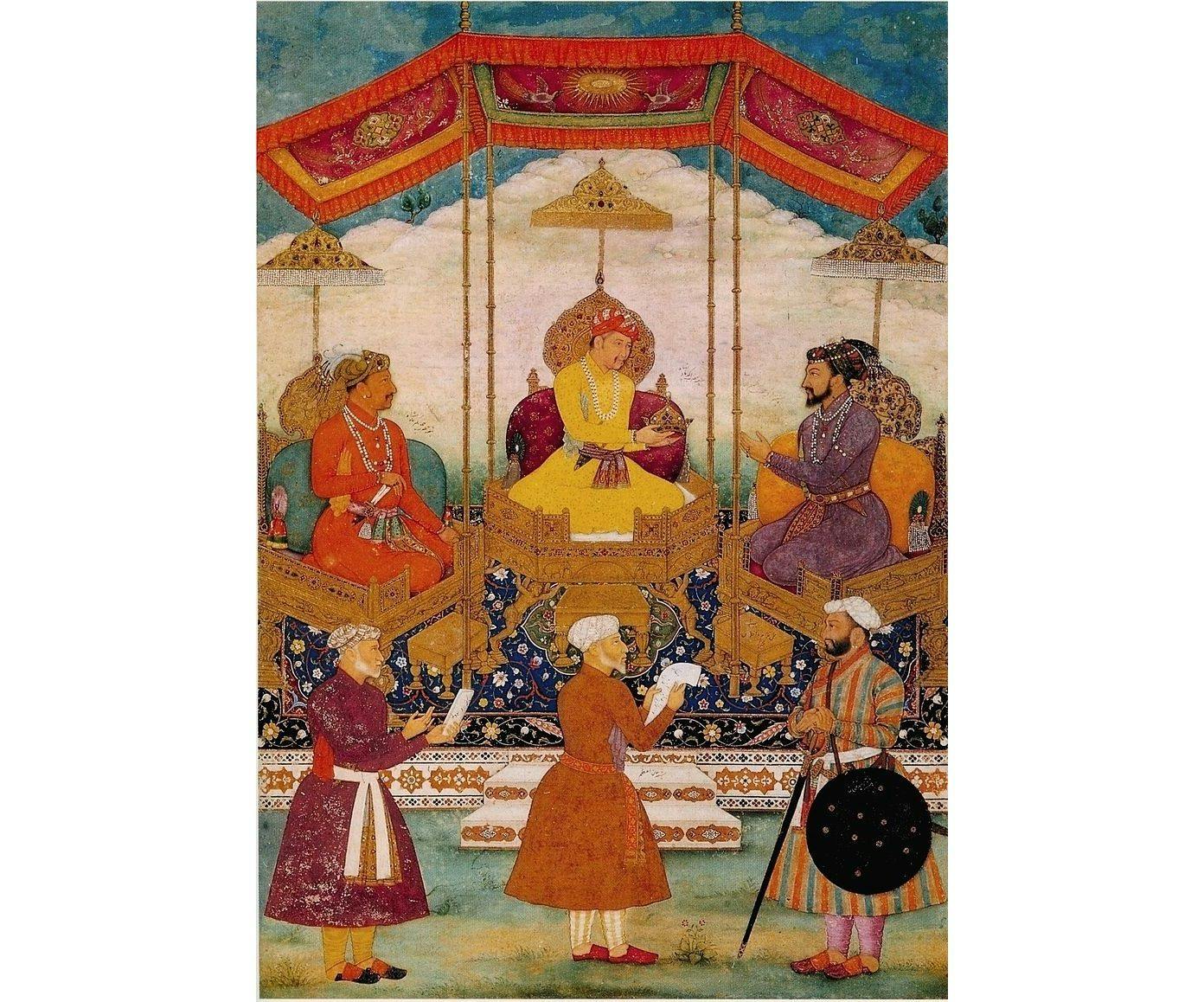 Akbar hands over his crown to Shah Jahan as Jahangir (left) looks on