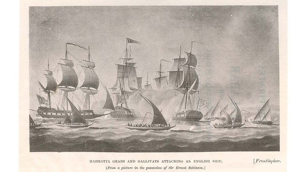 Maratha Grabs and Gallivats attacking an English ship