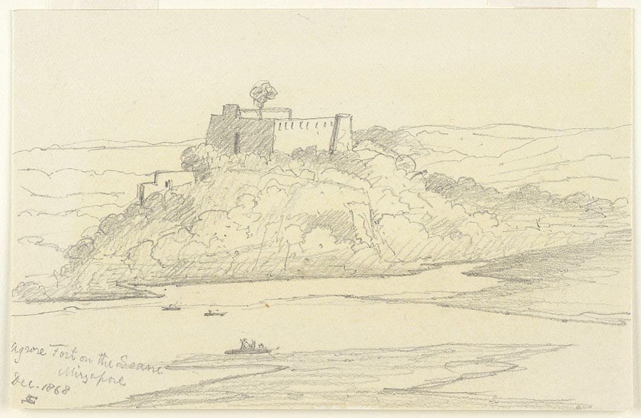 Sketch of the rear view of Agori Fort from the Sone River by Stanley Leighton, 1868