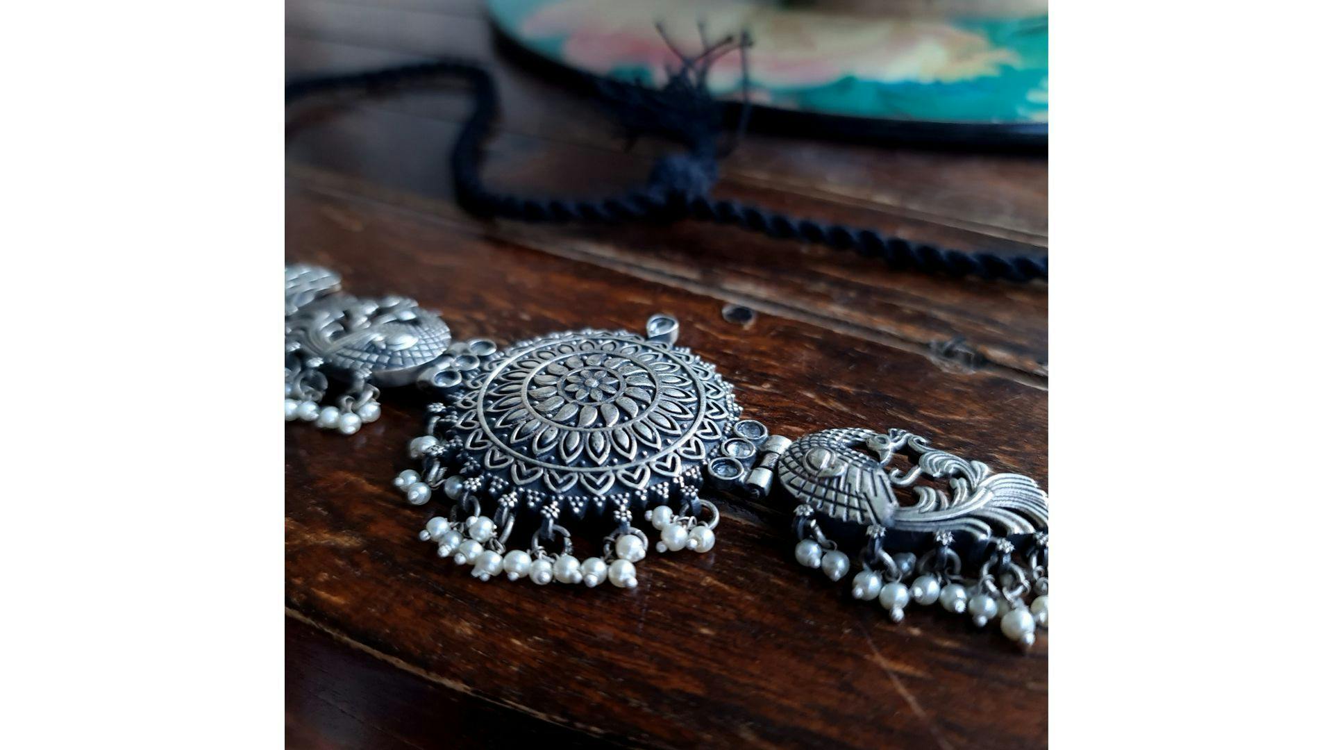 Silver Peacock Neckpiece | Peepul Tree India