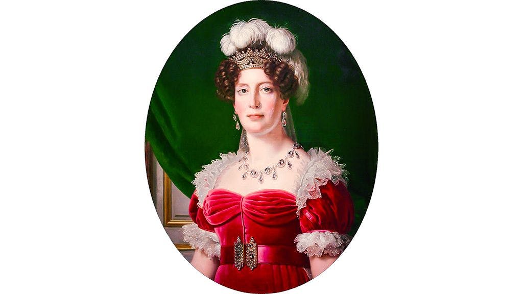 Marie Therese, the only child of Marie Antoinette who survived the French revolution, seen wearing a copy of the necklace in the Darbhanga collection