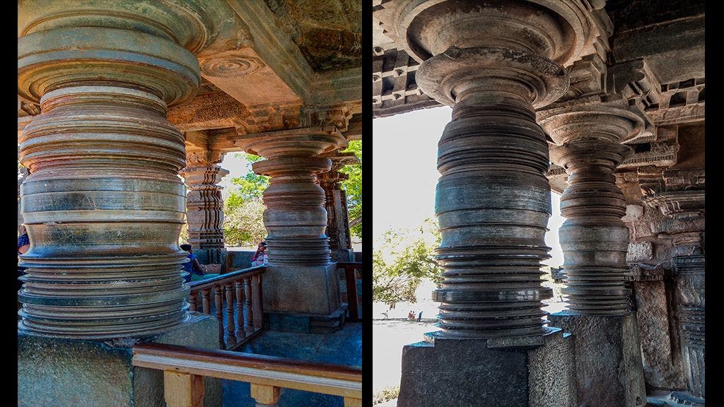 One of the most stunning features of the temple is the highly polished pillars with horizontal mouldings, a special feature of the Hoysala era architecture.