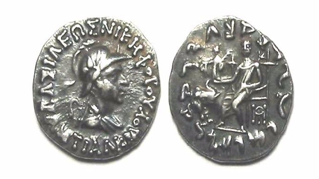 A Silver drachm coin from 145-135 BCE with Antialkidas’ head