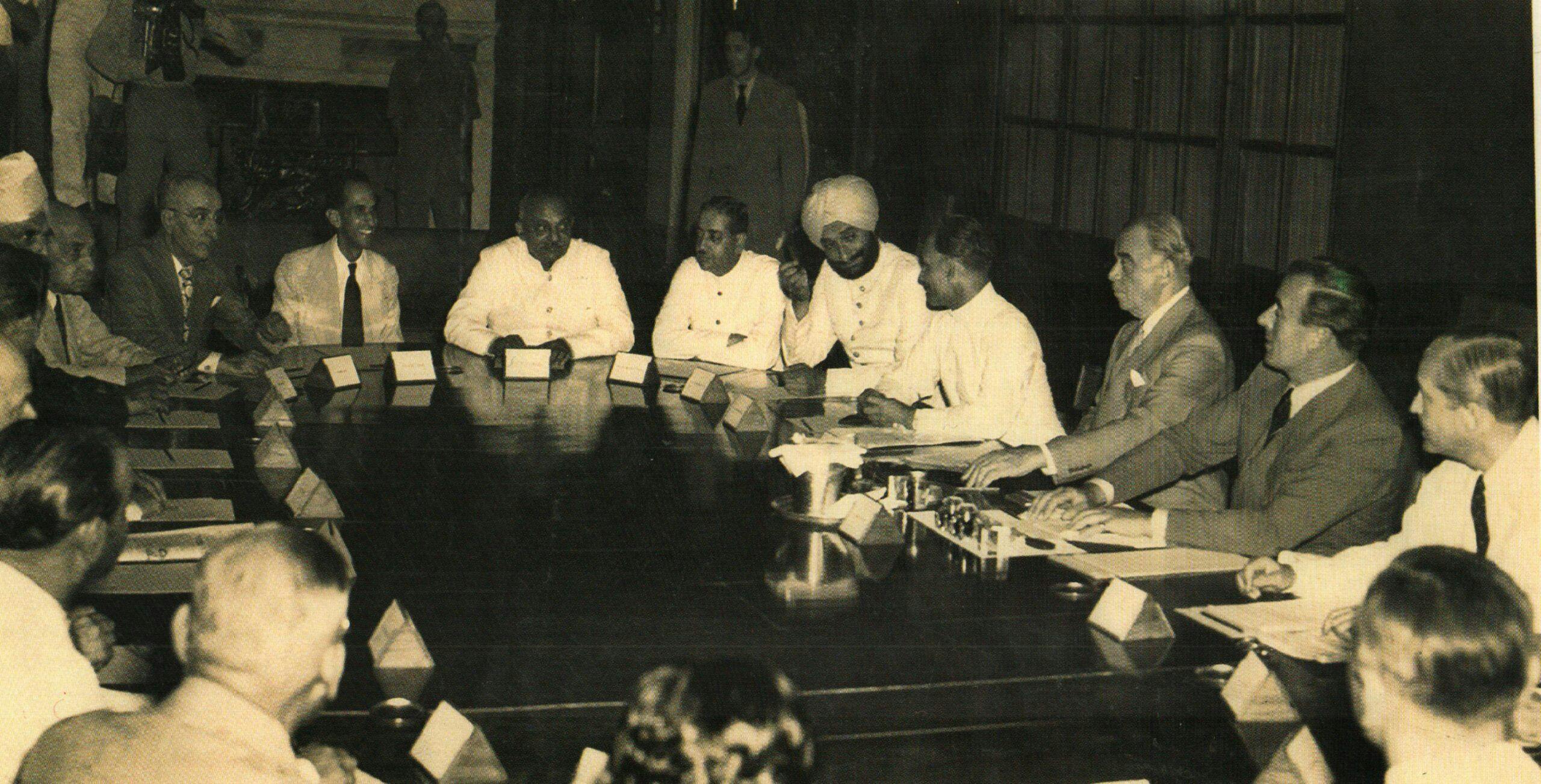 From Left to Right: Jamsaheb of Nawanagar, Maharawal of Dungarpur, Maharaja of Patiala, Nawab of Bhopal (Chancellor of Chamber of Princes), Lord Ismay, Viceroy Lord Mountbatten and Sir Conrad Corfield in a meeting of the princes on June 3, 1947 