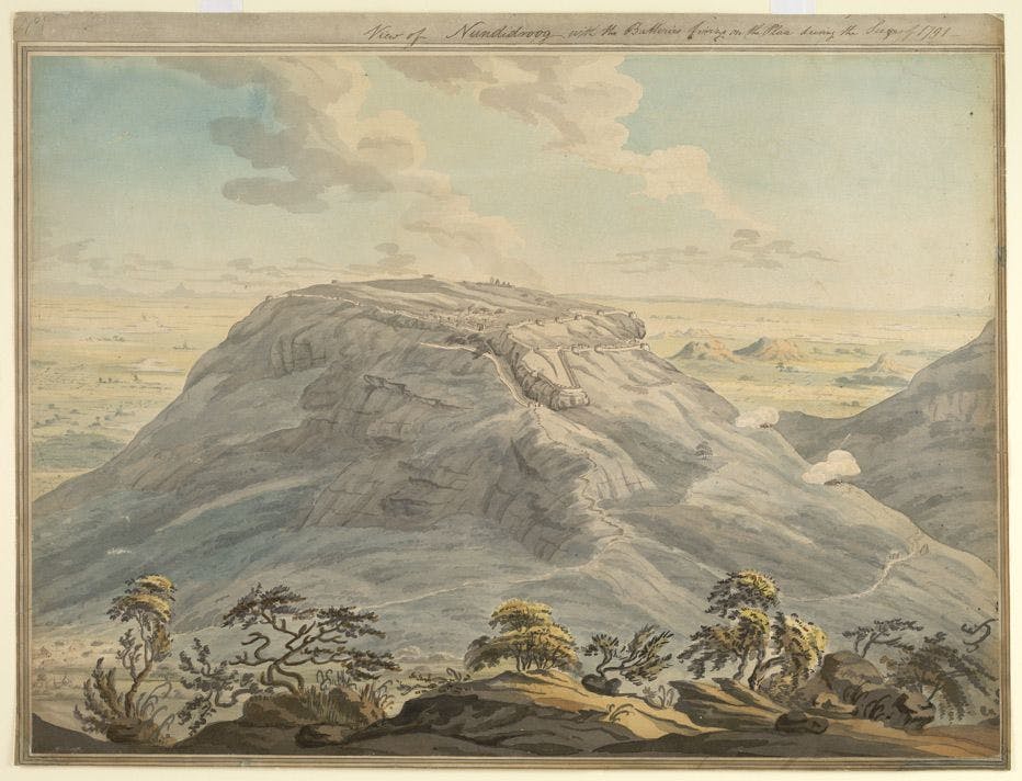 Painting of the fortress of Nandidurg during the British siege of 1791