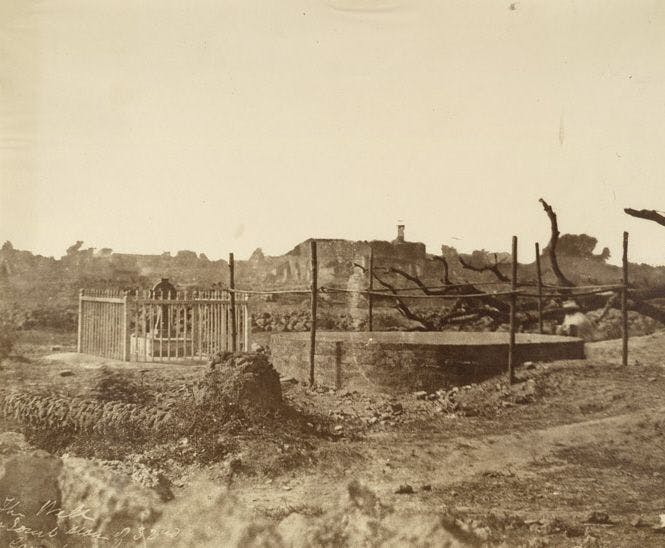 Bibighar house, in the centre background, where European women and children were killed, 1858. The well where their bodies were found is in the foreground. 