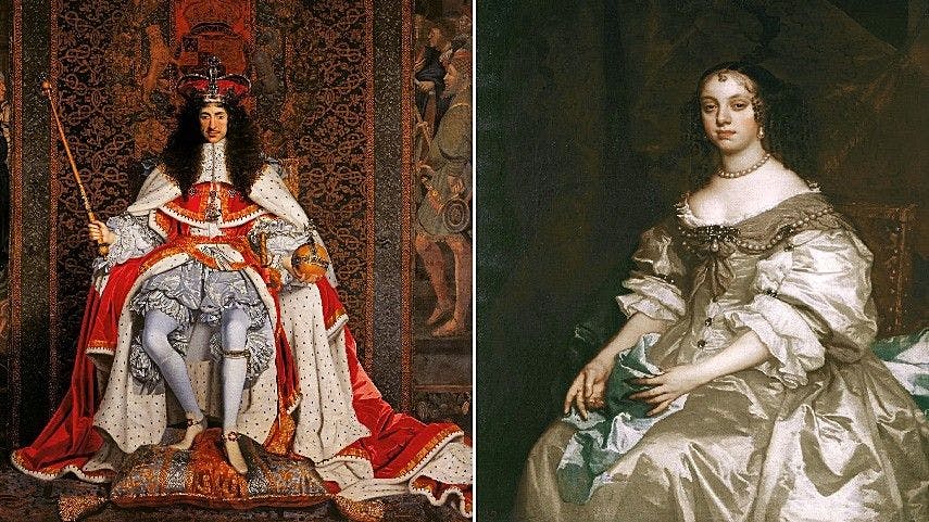 King Charles II (L) and Queen Catherine (R)