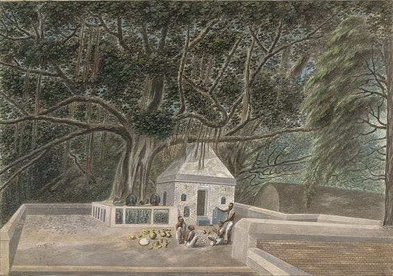 1810 picture of a small temple beneath the Bodhi tree, Bodh Gaya