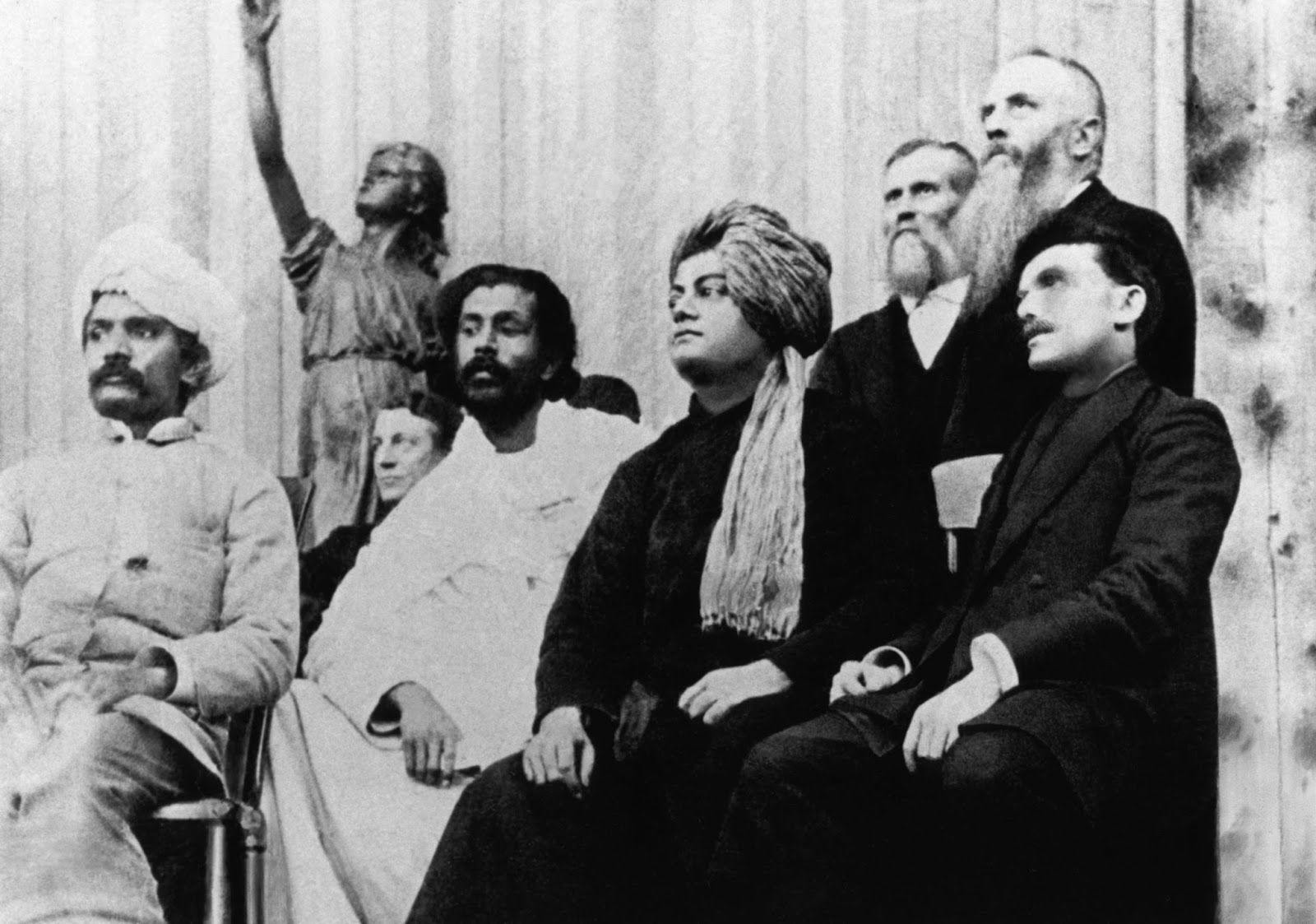 At the World Parliament of Religions, L-R: Virchand Gandhi, Hewivitarne Dharmapala, Swami Vivekananda, and (possibly) G. Bonet Maury
