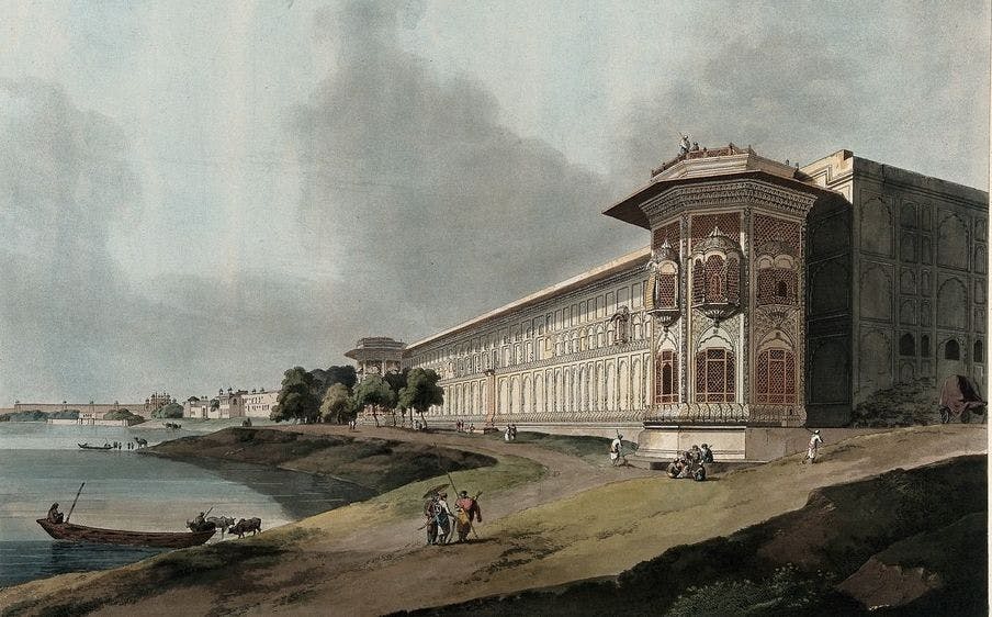 The Qudsia Bagh, Delhi: eastern view. Coloured aquatint by Thomas Daniell, 1795