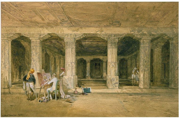 Painting by Simpson depicts fellow artist Major Robert Gill (1804-79) copying wall-paintings inside the Buddhist Vihara cave at Ajanta (January 1862)