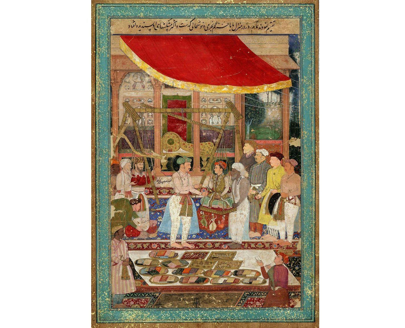 Jahangir weighing prince Khurram (later Shah Jahan) against gold and silver