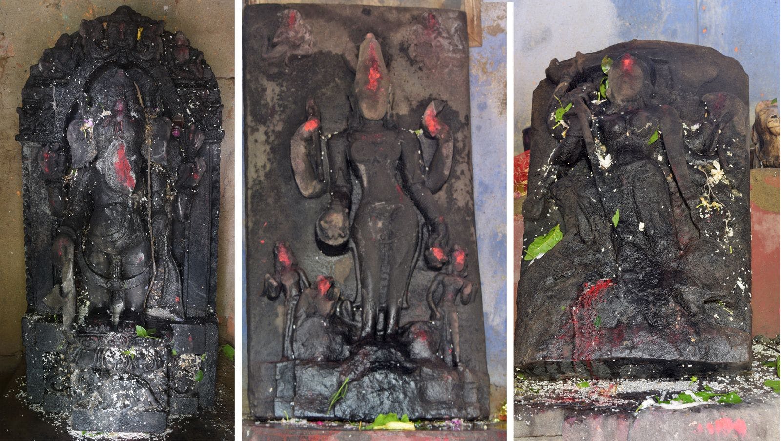 L to R &#8211; Ganesha, Singha Bahini and Ranachandi idols
