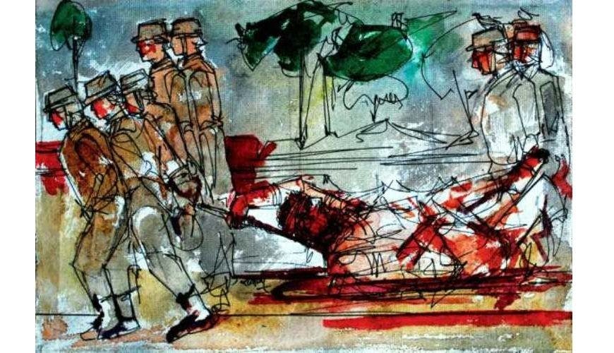 A painting illustrating the execution of Tilka Manjhi by Dr Lal Ratnakar