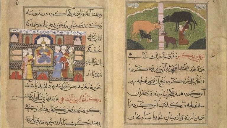 The Nimatnama is illustrated with 50 miniatures, each with Ghiyath Shah at the centre made in the Persian-Turkic style