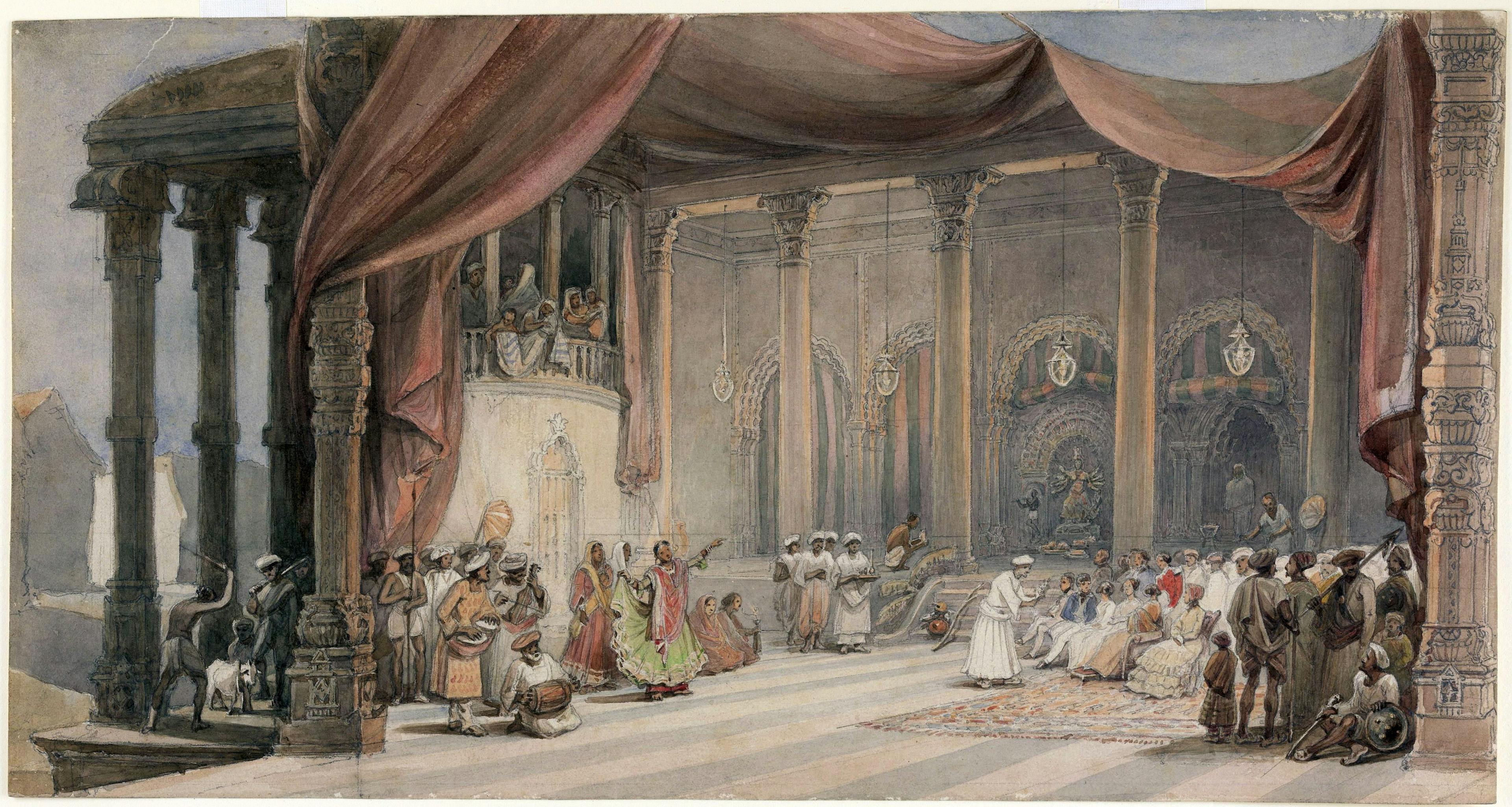 A depiction of celebrations inside a house during Durga Puja in Calcutta, West Bengal, India, where Europeans are being entertained. The artist William Prinsep (1794–1874) was a merchant with the Calcutta firm of Palmer &amp; Company