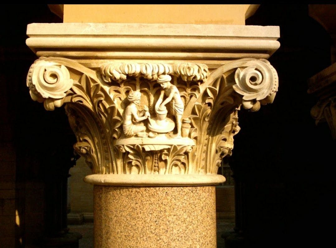 Intricate carvings on a pillar of the Public Library